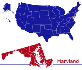 Maryland counties vector map with USA map colors national flag