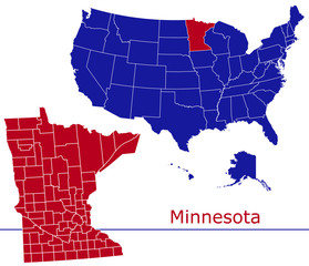 Minnesota counties vector map with USA map colors national flag