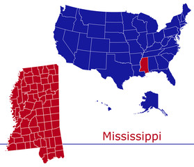 Mississippi counties vector map with USA map colors national flag
