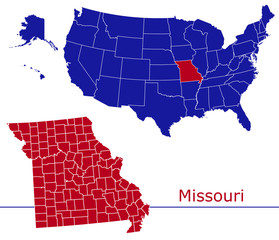 Missouri counties vector map with USA map colors national flag