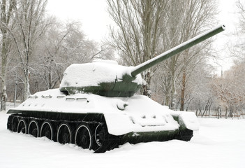 T-34 tank, the best Soviet tank of the second world war, covered with snow.