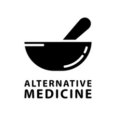 Symbol of alternative medicine. Cutout silhouette Pestle inside mortar icon. Outline pharmacy logo. Black illustration for medicine, lab, chemical tests. Flat isolated vector image on white background