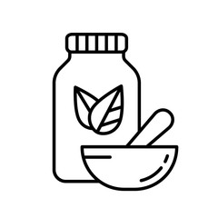 Bottle with two leaves and Pestle inside mortar. Linear herbal medicine icon. Black simple illustration. Contour isolated vector image on white background. Homeopathy logo