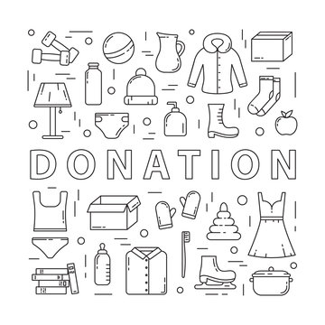 Donation poster. Square banner with linear icons. Black illustration. Set of contour isolated vector elements on white background. Text with food, clothes, household stuff, toys, shoes for charity