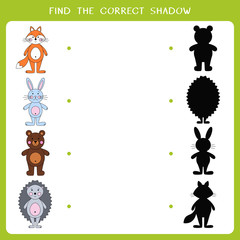 Find the correct shadow for wild animals. Worksheet of simple educational game for kids