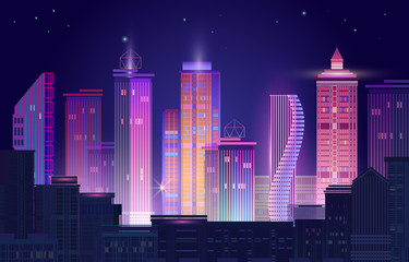 Night city panorama with neon glow. Vector illustration.