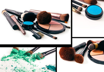 Collection of make-up brushes and cosmetics isolated on a white background.