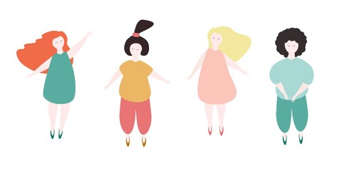 4 happy plus size women. Body positive illustration in cartoon style isolated on white. Vector illustration. - 320520877