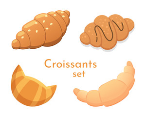 Fresh croissants in different styles vector illustration. Croissant icons set.