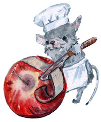 Hand-drawn watercolor illustration. A cook mouse cleans an apple with a knife. On white background.