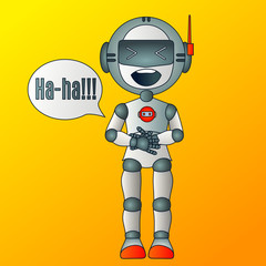 robot ha-ha emoticon with a funny laughing laugh bot with antennas and a helmet that holds on to his stomach, vector color illustration