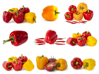 Sets of sliced tomatoes red bell peppers and chili peppers yellow peppers isolated on a white background