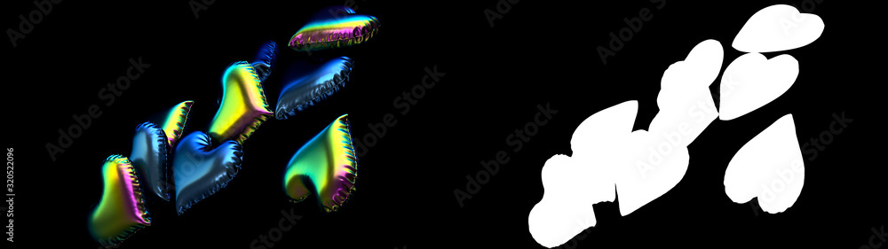 Poster 3d render colorful heart balloons with foil material on black background with alpha mask.