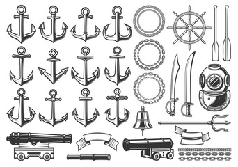 Nautical heraldry constructor icons, ship anchor, helm and chain. Vector isolated nautical heraldic construction symbols of aqualung, frigate cannon and trident, pirate saber swords and captain bell © Vector Tradition