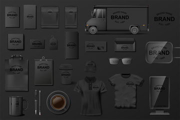 Corporate Branding identity template. Black Stationery mockup set. Business style stationery, van, folder, shirt, envelope, business card. Vector illustration