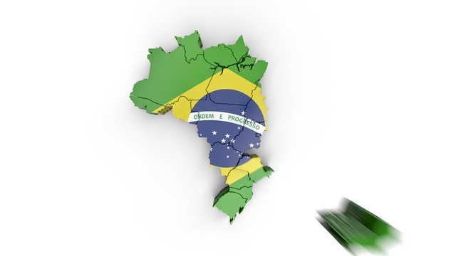 Map of Brazil with flag, top view. Formed by individual states falling from top to bottom on white. Animation with alpha channel