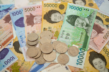 Banks and coins of the won currency. The currency of South Korea is used for finance and wallpapers.