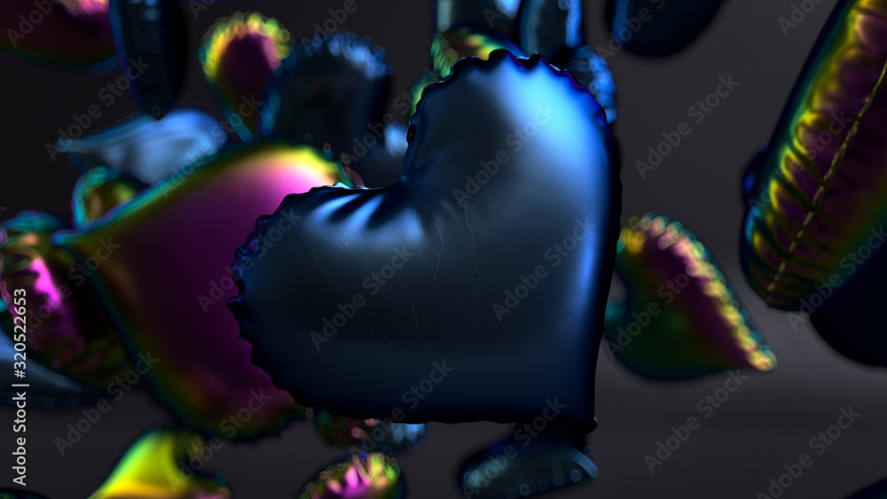 Poster 3d render colorful heart balloons with foil texture on the black background with depth of field