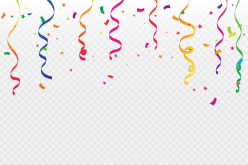 Colorful Confetti And Ribbon Falling On Transparent Background. Celebration & Party. Vector Illustration