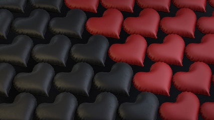 Obraz premium 3d render black and red heart balloons pattern with leather texture on the black background.