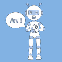Emoticon with a funny enthusiastic robot, who stands with a cheerful look, clutching his hands to his chest, and says Wow, color illustration