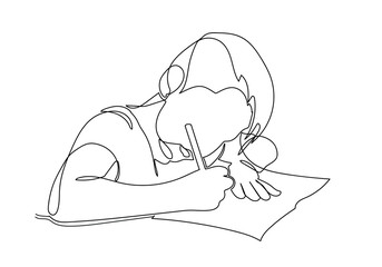 Continuous line of schoolboy raising his hand and pencil, idea and school