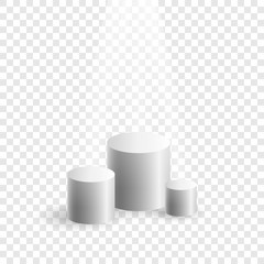 Cylindrical boxes for demonstration without background, white podium stand and light shines from above, vector illustration