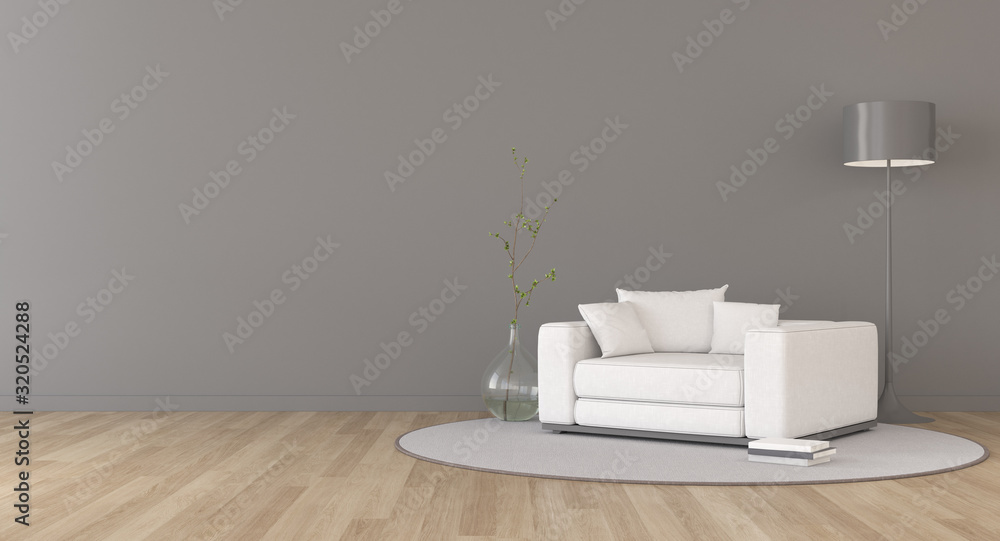 Poster View of grey living room in minimal style with sofa and small side table on laminate floor.Perspective of interior design. 3d rendering.	