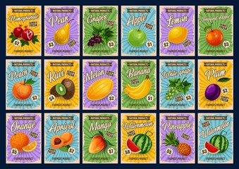 Tropical fruits farm market price list cards. Vector natural apple, pear and pomegranate, lemon and orange citrus fruits, exotic mango and watermelon, apricot and pineapple, banana and grape with plum