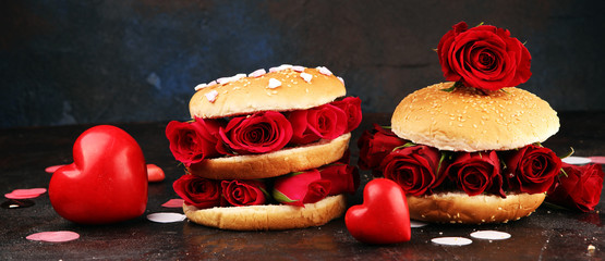burger for valentines day with roses and red hearts