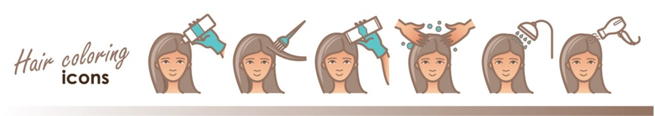 Hair care icons. Coloring, treatment, styling