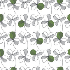 Saint Patrick's Day vector seamless pattern with green clover on white background. Sketch illustration