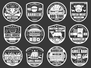 Meat grill, burgers and hot dog barbecue party icons. Vector butcher shop pork chops and beef, mutton ribs and chicken on BBQ grill fire, summer holiday picnic and butchery signs - obrazy, fototapety, plakaty