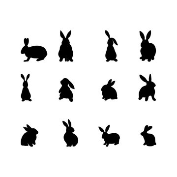 A set of rabbits silhouette in different shapes and actions isolated on a white background. Cartoon vector element.