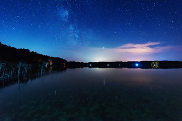 A magical starry night on the river bank with a large tree and a milky way in the sky and falling stars in the summer.	
