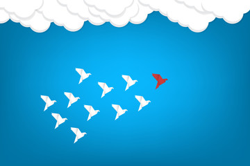 Red bird changing direction and white ones. New idea, change, trend, courage, creative solution, business, innovation and unique way concept