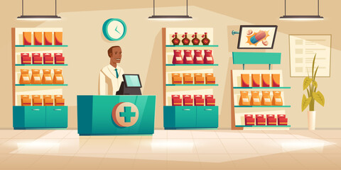 Fototapeta premium Male pharmacist at counter in pharmacy. Vector drugstore interior with medical products and vitamin on shelves, advertisment digital display and apothecary black man