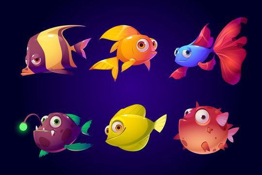 Free Vector  Cute bright fish game cartoon character set vector  illustration of underwater sea or aquarium creatures marine and ocean  tropical animals with smiling faces aquatic saltwater colorful critters