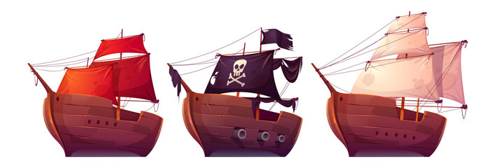 Vector sail boats with white, red and black sails. Pirate ship with black flag, cannons, skull and crossbones on canvas. Cartoon set of old wooden ships, vintage galleons isolated on white background © klyaksun