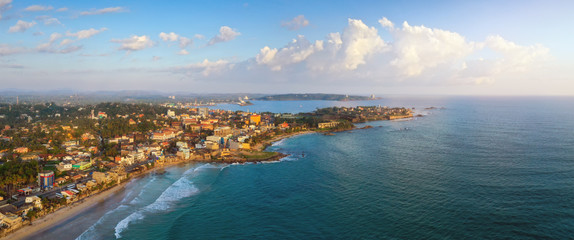 Aerial view at sunset. Beautiful panoramic view of the ancient fort and the city of Galle. Sri Lanka