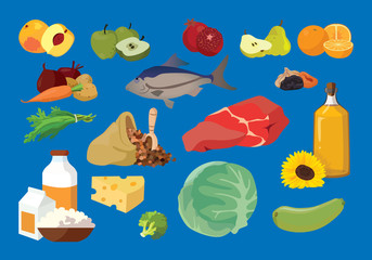 Meat, fish, butter, fruits, vegetables, dairy products- useful products