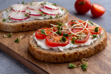 Close-up of a sandwich with vegetables, microgreens and grain bread on a grey background