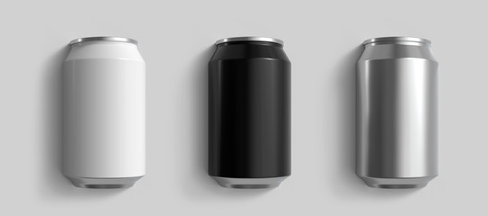 Set of White, Black and Metal 12 oz Beer or Soda Cans. Realistic 3D Render Isolated on Light Grey Background. - obrazy, fototapety, plakaty