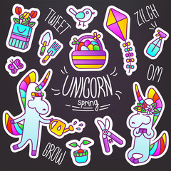 Obraz premium Set of vector stickers Unicorn spring. Bouquet, tulips, shovel, rake, bird, basket with eggs, kite, sprinkler, watering can, potted plant, pruner, meditation, wreath on the head. Women's Day, Easter