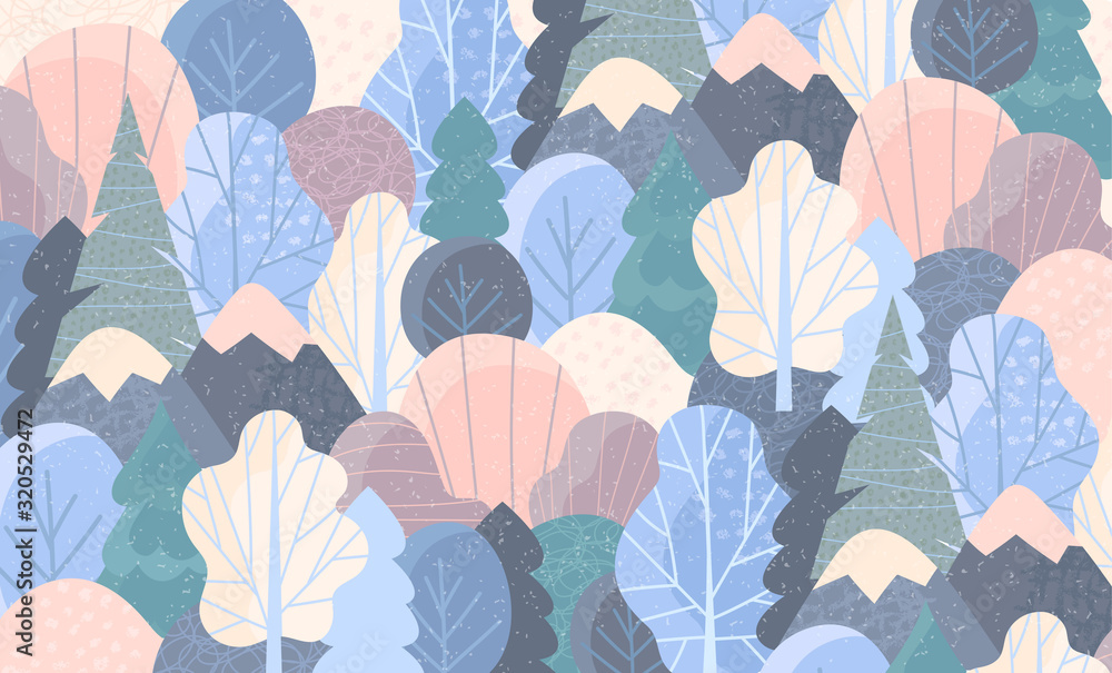 Poster winter background pattern of snowy mountains and forest trees in cool muted shades in a full frame v
