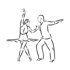 ballet dancers in ballroom against black background