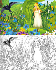 cartoon scene with young beautiful tiny girl in the forest with sketch page