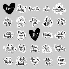 Valentine day hand lettering sticker set with romantic phrases