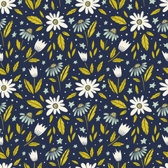 Hand drawn surface pattern design with flowers in garden