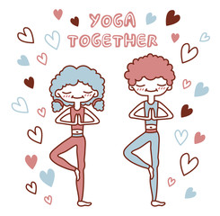 Vector isolated illustration with cute  people in a tree pose surrounded by hearts. Loving couple doing yoga. Lettering yoga together. Picture for cards, cards, sites for yoga. Printable.